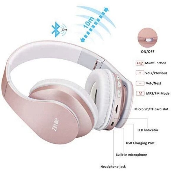 ZIHNIC Bluetooth Headphones‎ Overear Foldable Wireless/Wired Headset Rose Gold - Picture 5 of 5
